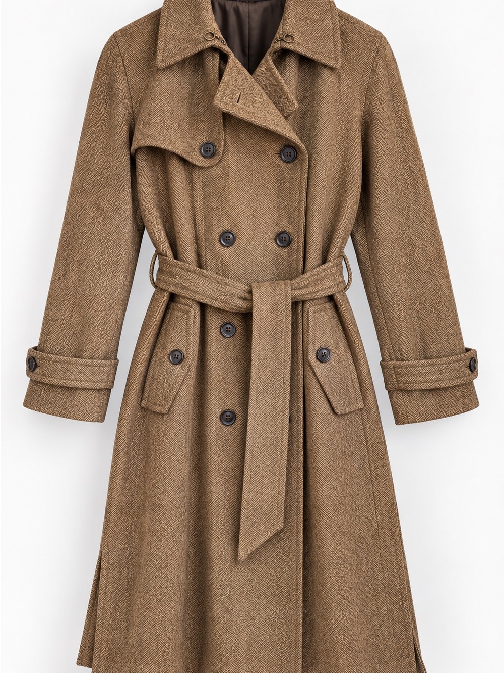 Vintage Style Gap Wool Herringbone Trench Coat Women’s L Brown Belted Y2K